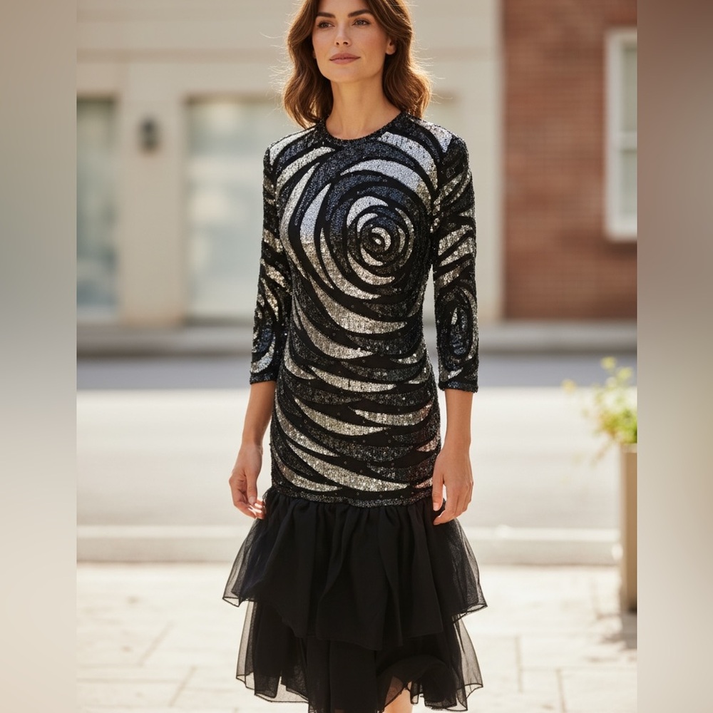 Glitter Fashions Inc * 100% Silk Beaded Sequin Gown 80s 90s Rose Pattern Small